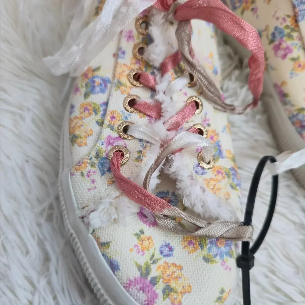 Superga X LoveShackFancy Cream Floral Coquette Canvas Fringe Sneakers